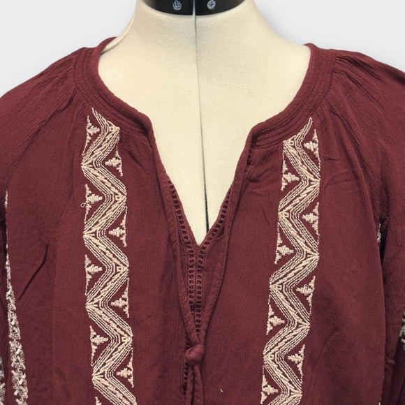 AMERICAN EAGLE Burgundy Peasant Blouse M Boho Top Cottagecore Festival Casual - Picture 5 of 11